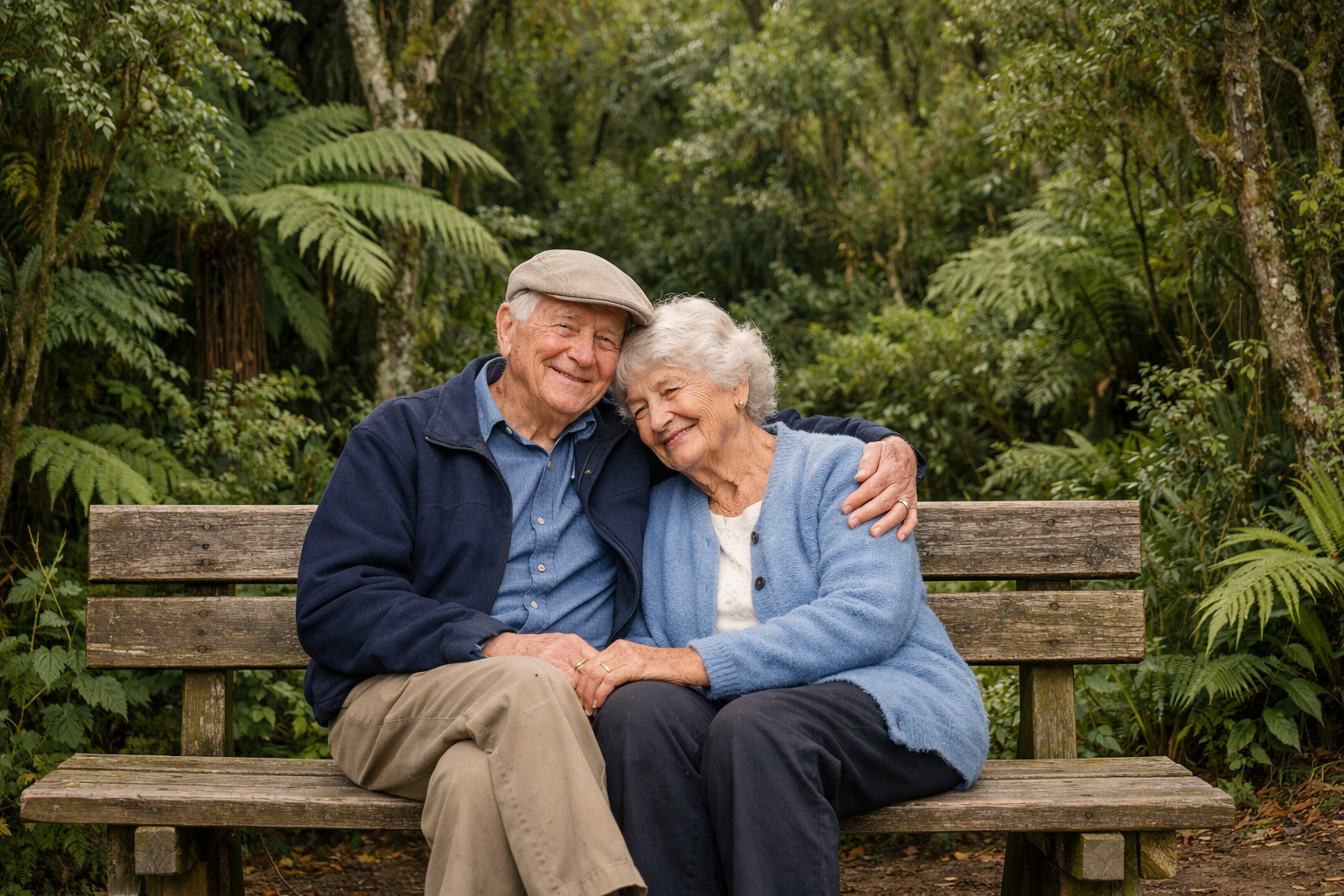 Couple on a bench in a park 75 NZ native bush behind it nothing to identifyiable re the nature-1