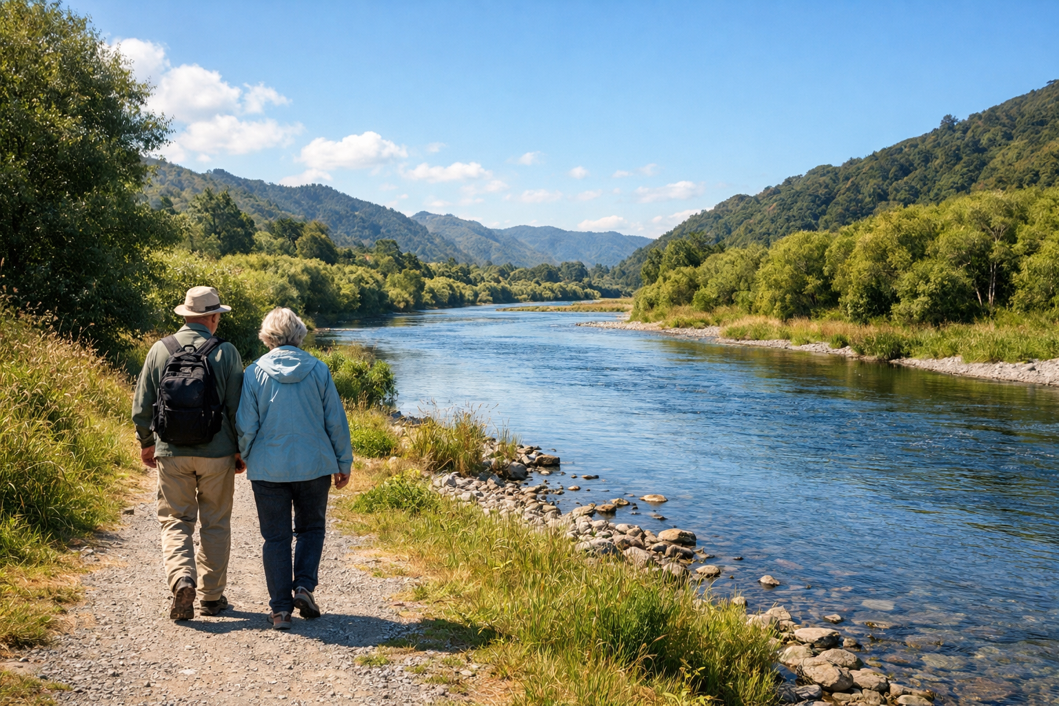 Give me an older couple we can see the backs only walking along the Hutt River NZ no buildings I want the people in the left third of the image