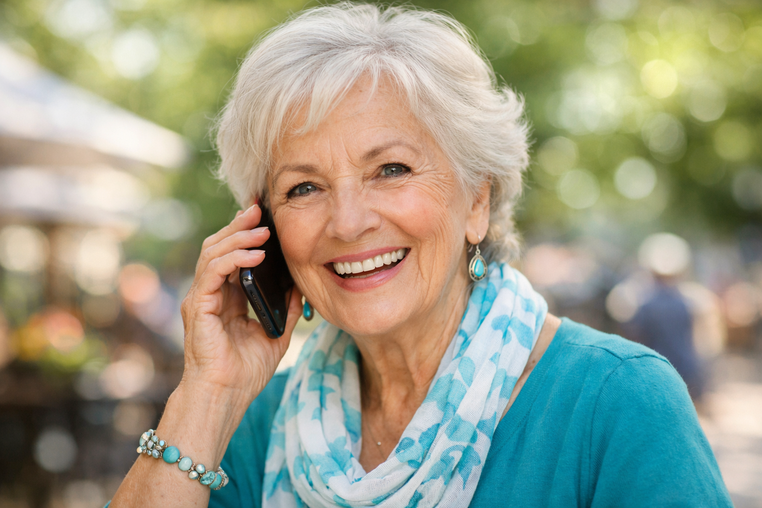 contact us elderly but vibrant woman making call blurred background  outdoors