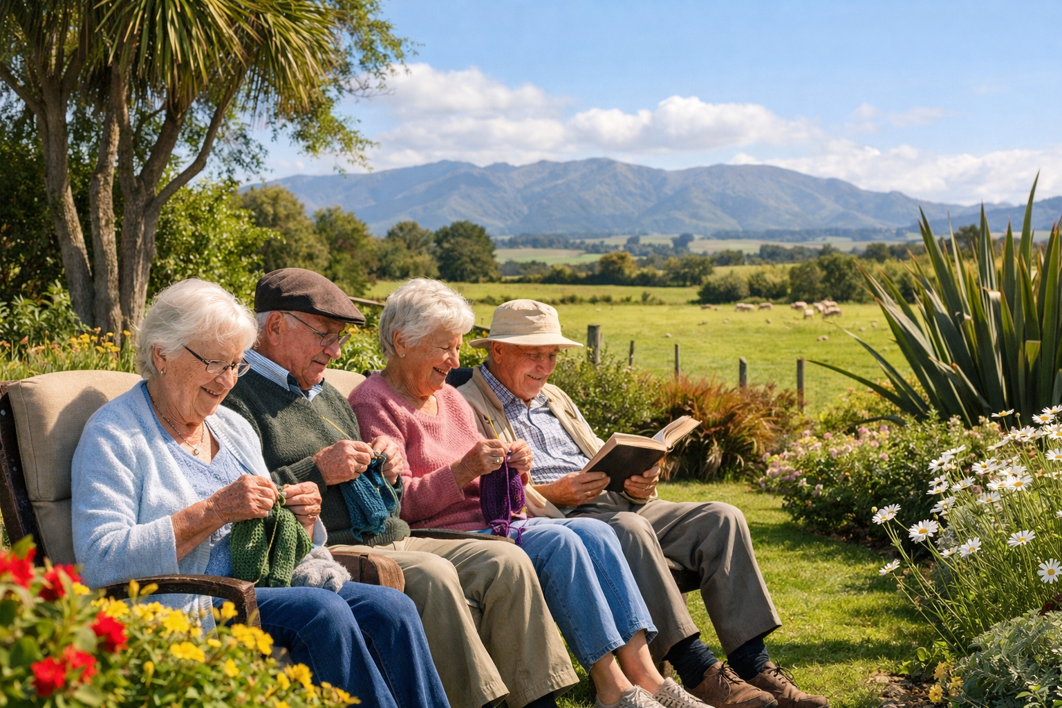 give me a group of friends 80 sitting in a retirement village knitting and reading New Zealand Manawatu region Try to avoid showing buildings more gar-1