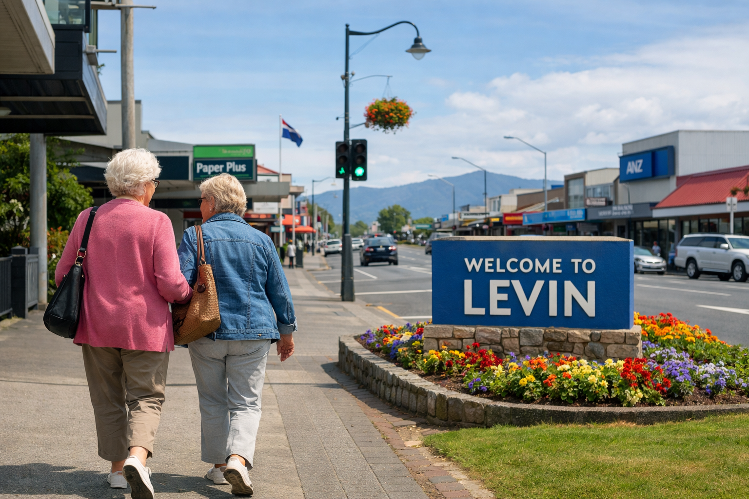 levin NZ town location with older women walking somewhere 65 years Focus on left side of the image for the people left third rest can be background