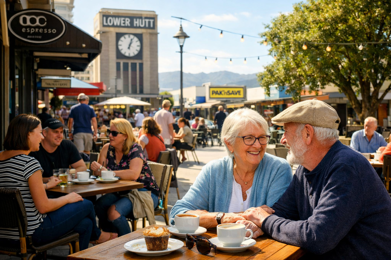 lower hutt new zealand image with an old couple at a cafe focus more on the left third of the image to populate with people