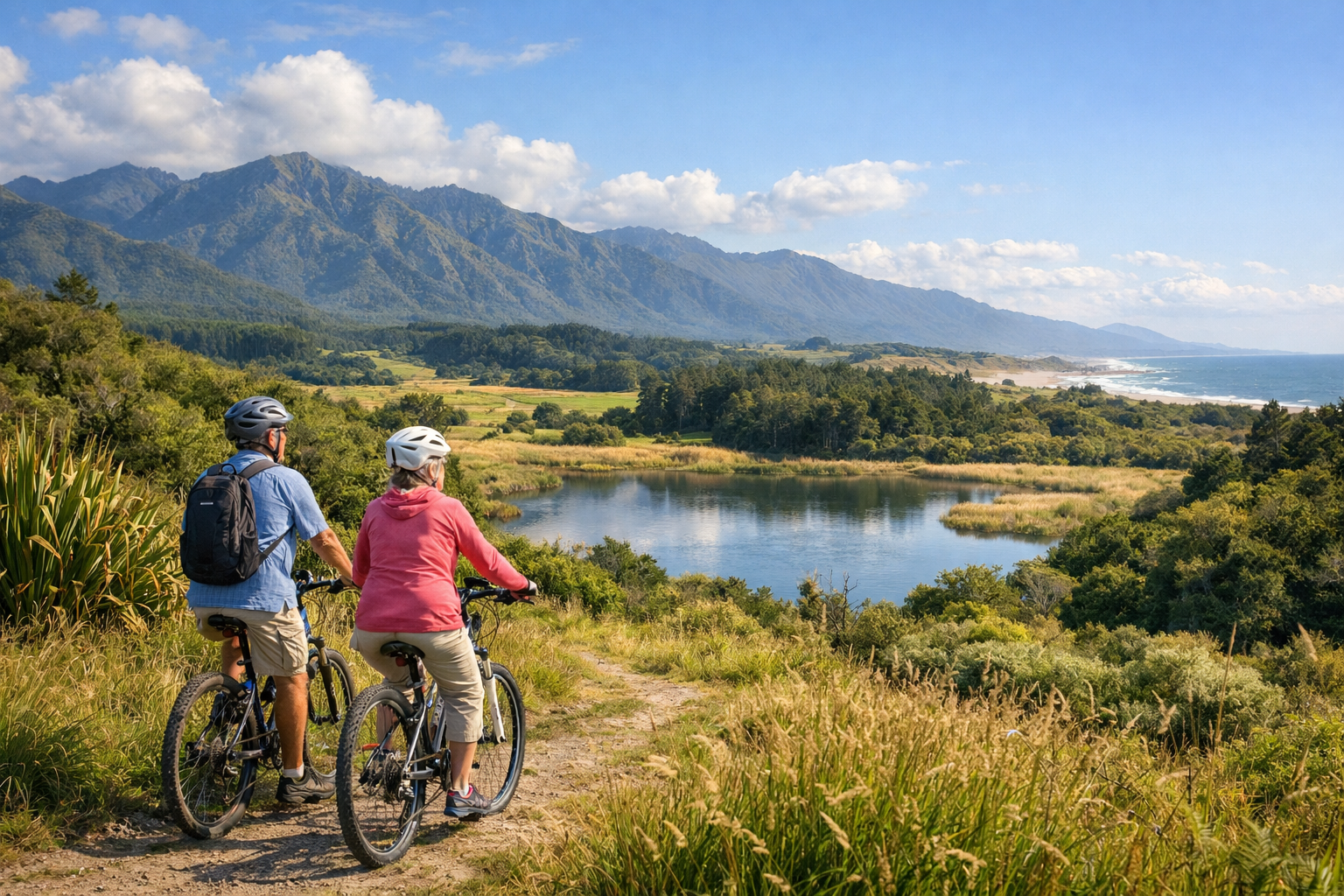 older couple 70 biking through the Levin region New Zealand How local nature not buildings Couple to face with back in left third of image