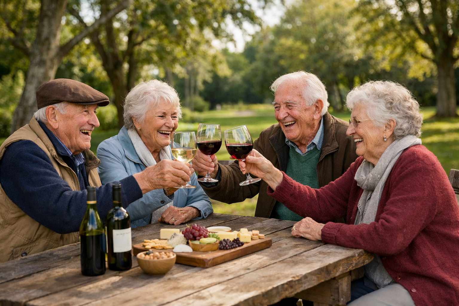 older group of friends 80 sitting at table enjoying a wine New Zealand look I want the background to be park like without any identifyers of location-1