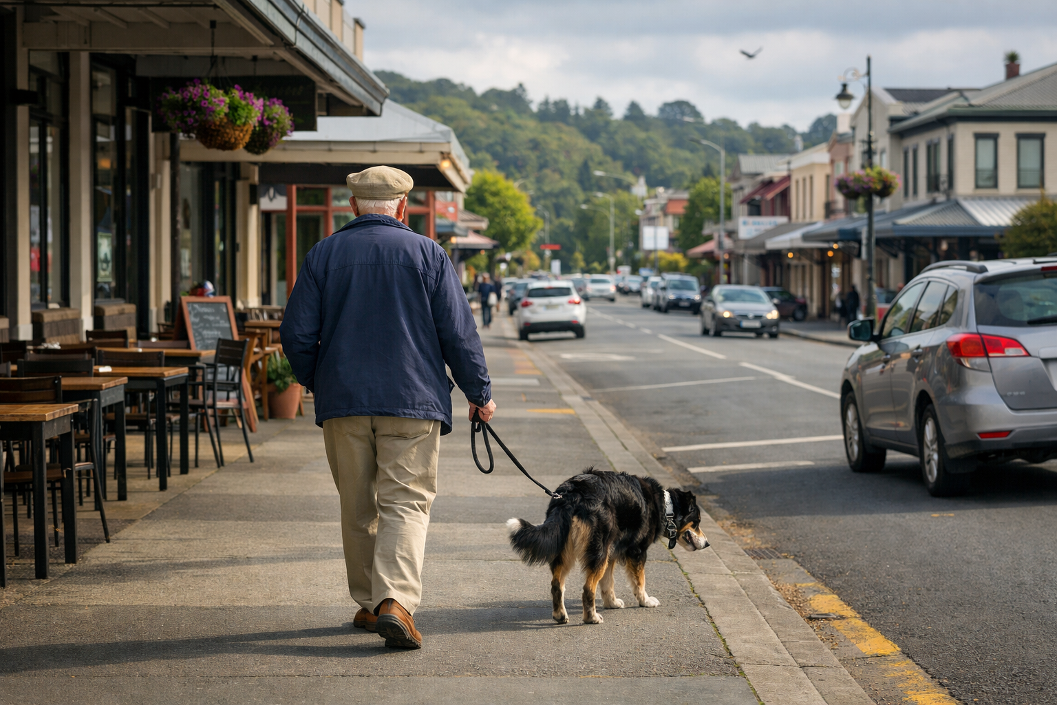 older man walking his dog through whanganui new zealand dont make the location too obvious no fake name signs Just a generic township view