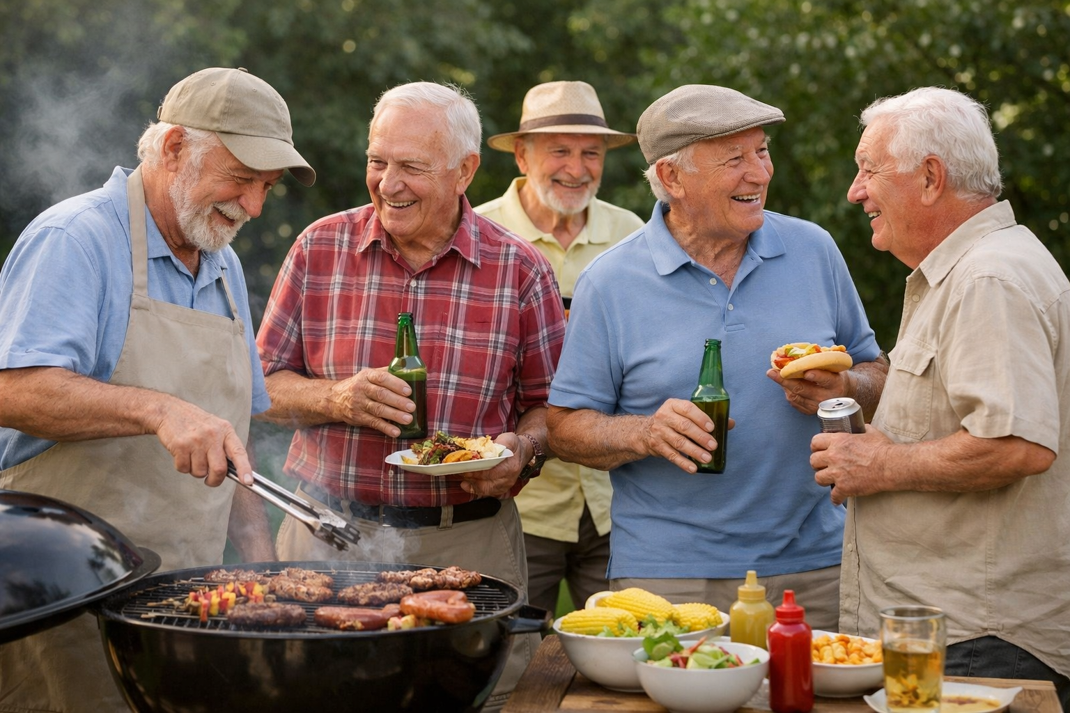 show a group of older men 70 having a bbq in an outdoor garden space  dont show distinct garden features so this garden could be anywhere-1