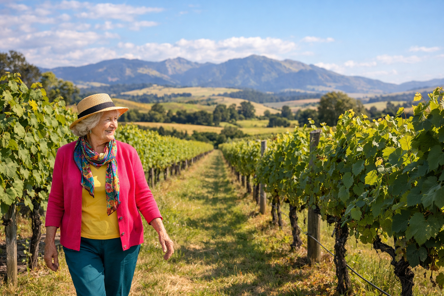 vibrant lady 70 on a vinyard NZ martinborough setting without any distinct identifiers walking through the vines  DONT show alcohol  put the lady in t