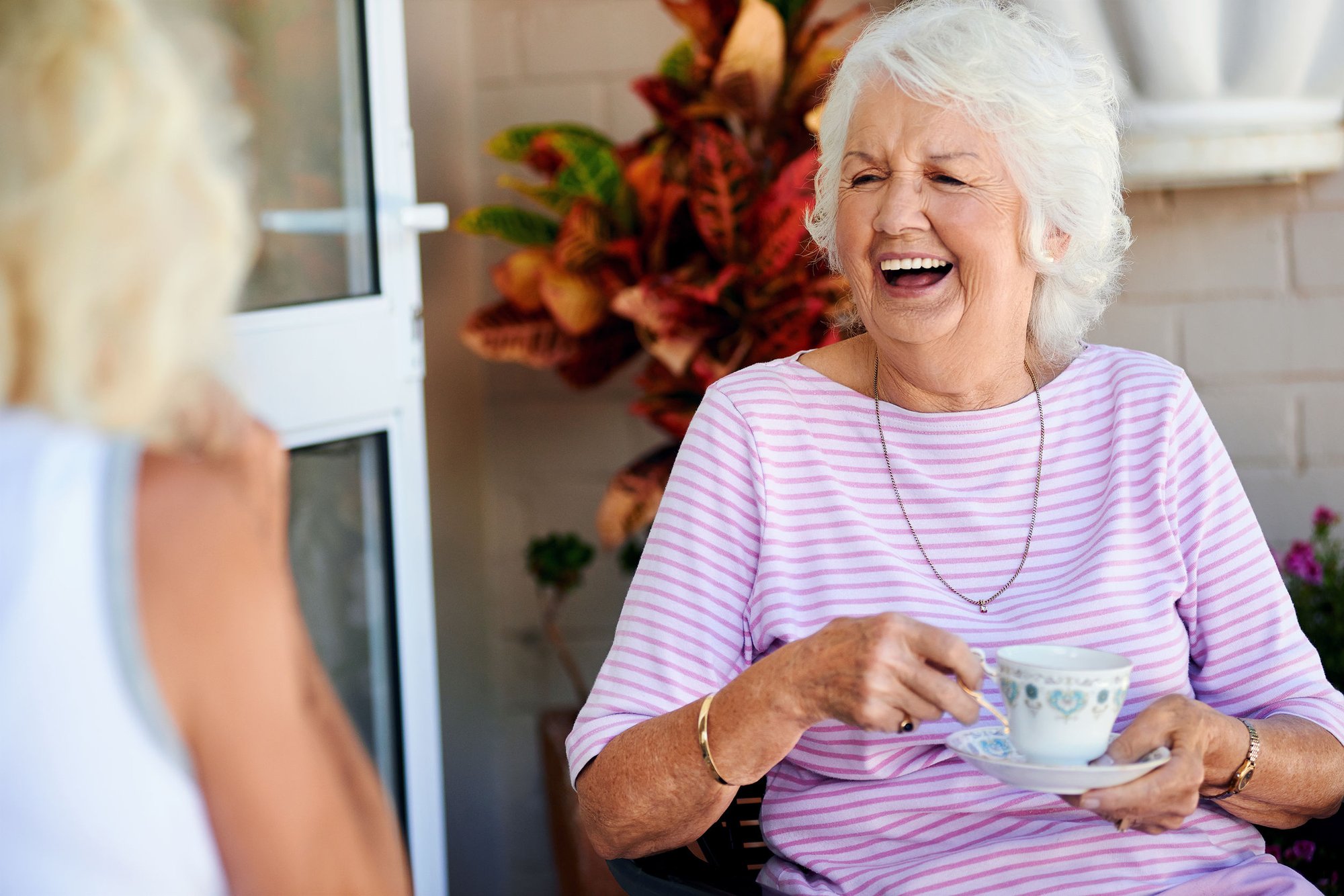 Smiling older woman drinking tea with a friend_32308955_L